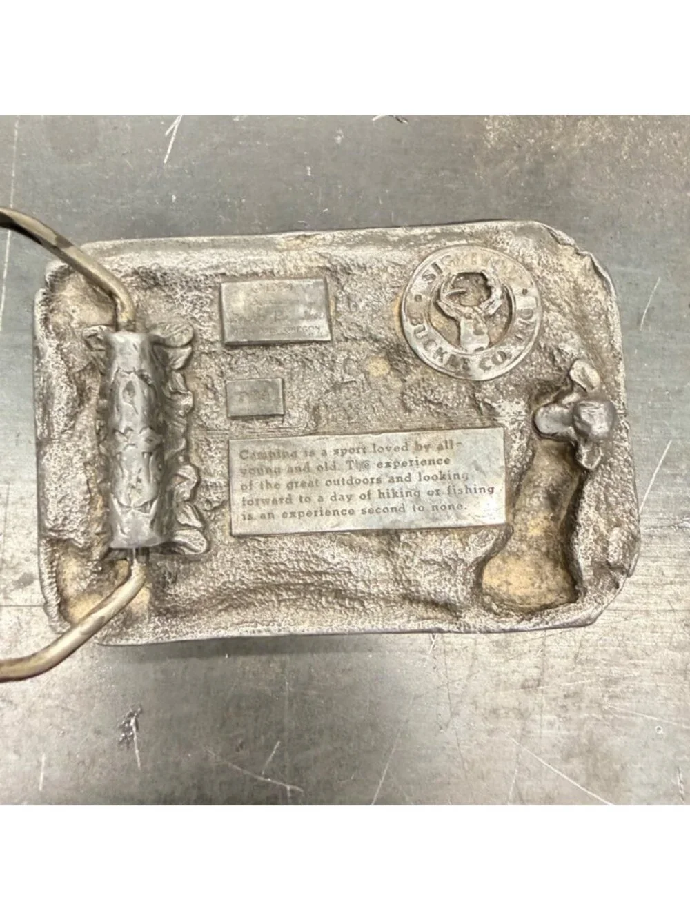 Vintage 1984 Siskiyou Pewter Belt Buckle Camping Fishing Wildlife Deer Mountain